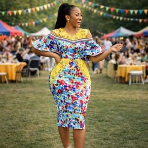 Multicolor Abstract Bodycon Dress Yellow Lace & Pearl Trim Party Midi Size XL